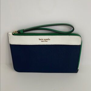 Kate Spade Cameron Medium L Zip Clutch / Wristlet Midnight Blue White Green